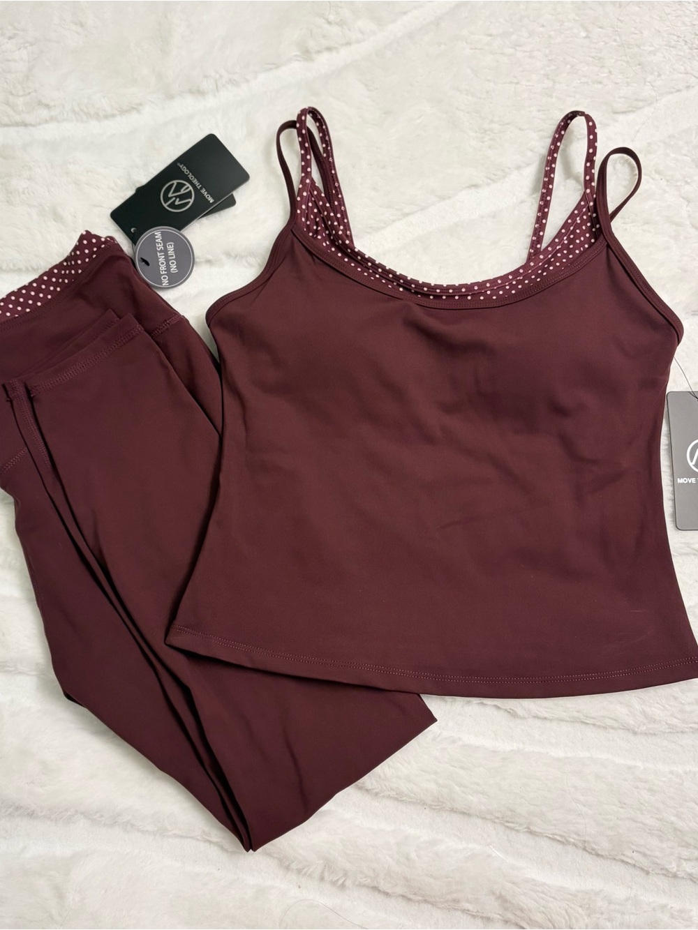 Move Theology Women's Maroon Double Layered Polka Dot Tank & Legging Workout Set